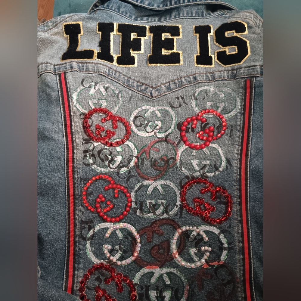 Slayerrr's Customs "Life Is Gucci" Demin Jacket Size XL - Picture 4 of 11